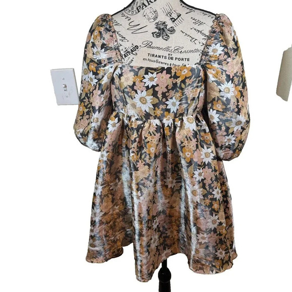 Storia Floral Babydoll Mini Dress in Brown Iridescent Size S Puff Sleeve - Picture 1 of 8
